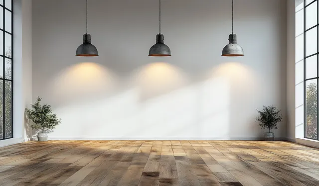 Empty minimalist room with industrial pendant lights glowing over white walls and a light wooden floor.