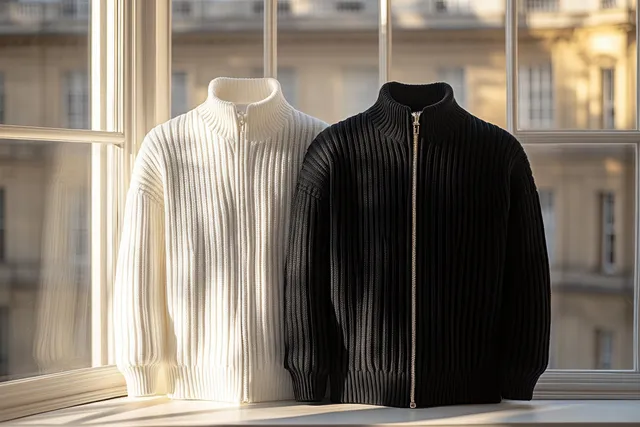 Black and white zip-up sweaters are displayed side by side on a window ledge under soft natural light.