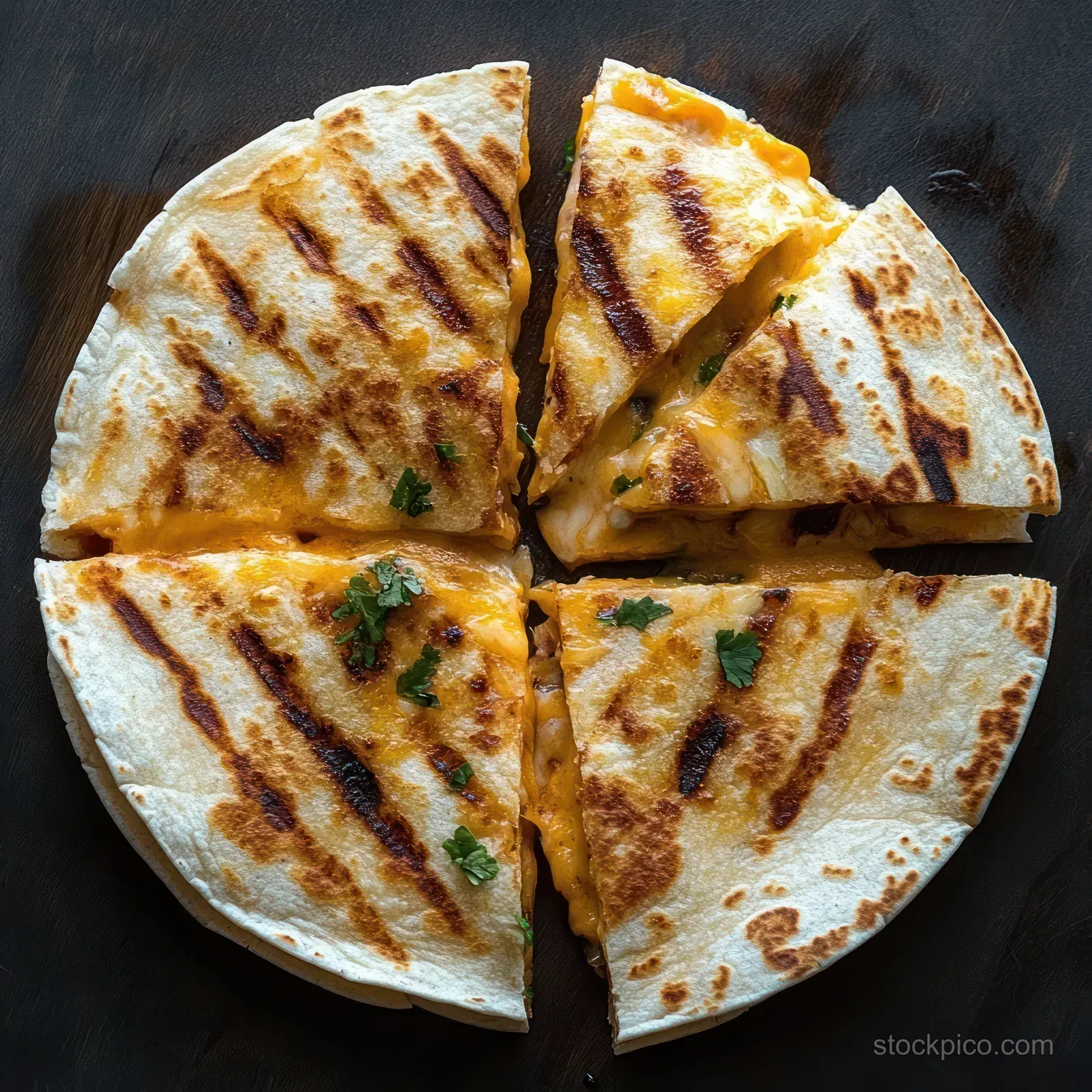 Grilled cheese quesadilla sliced into six wedges with cilantro on a dark surface.