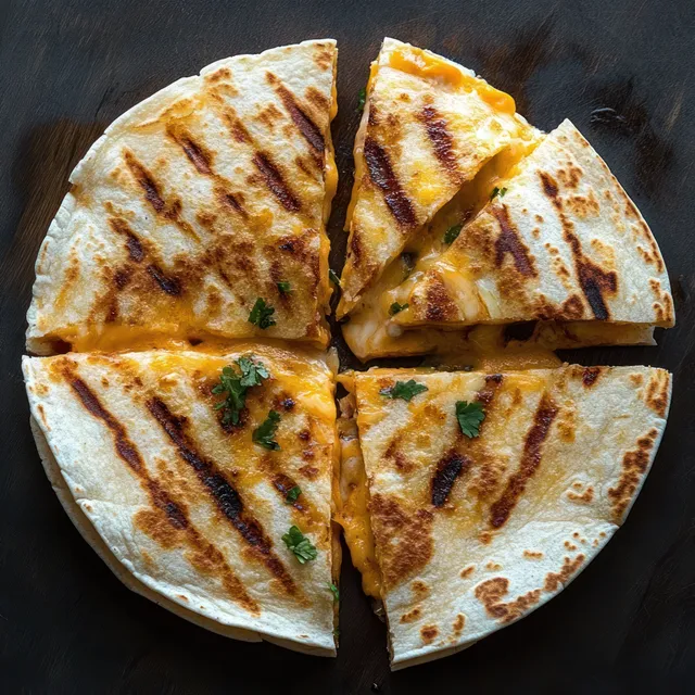 Sliced grilled cheese quesadilla with cilantro on a dark plate
