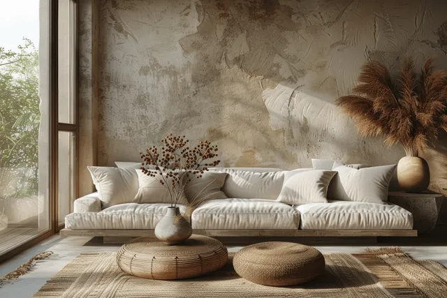 Beige sofa arranged in a Japandi living room with a woven rug, wooden coffee table, and tall window light.