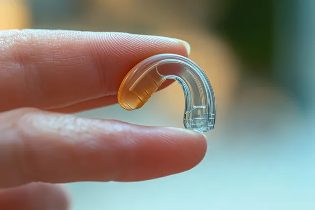 A senior woman’s hand holds a behind-the-ear hearing aid close-up, showing the clear tubing and earpiece.