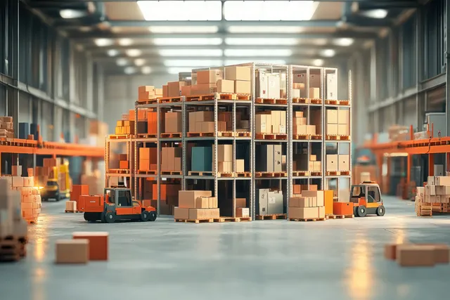 Low-poly warehouse interior with stacked cardboard boxes and small trucks on a concrete floor under warm ceiling lights.
