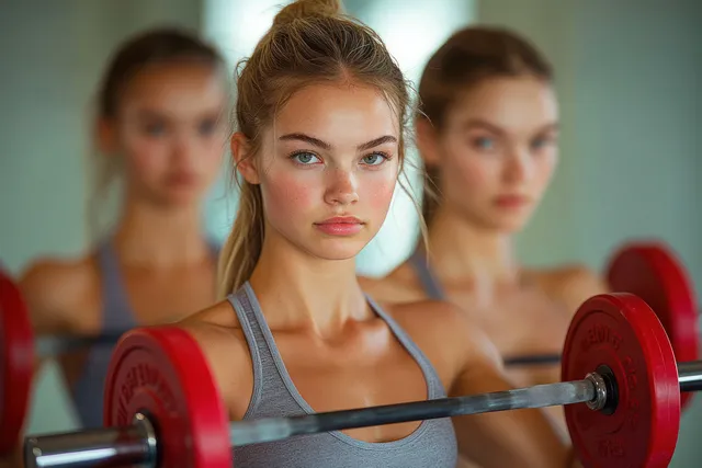 A young woman lifts a red barbell in a gym with two blurred women behind her.