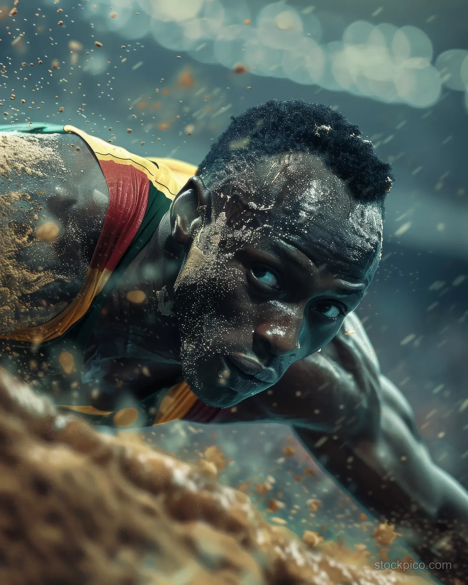 A South African long jumper prepares for takeoff as sand sprays forward under blurred stadium lights.