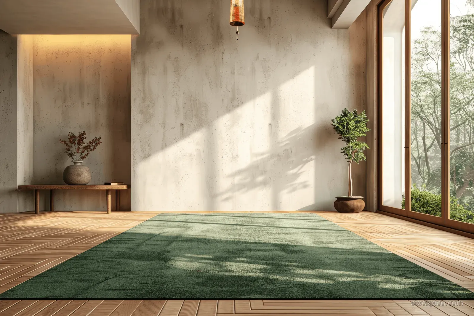 Minimalist living room with green rug on wooden floor, large window, and small potted plants in sunlight.