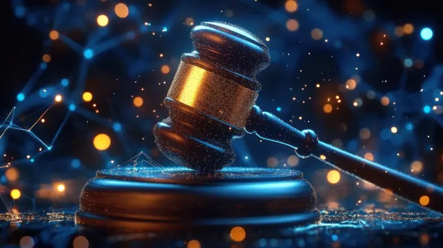 Wooden judge’s gavel striking a sounding block surrounded by glowing particles and blue network connections.