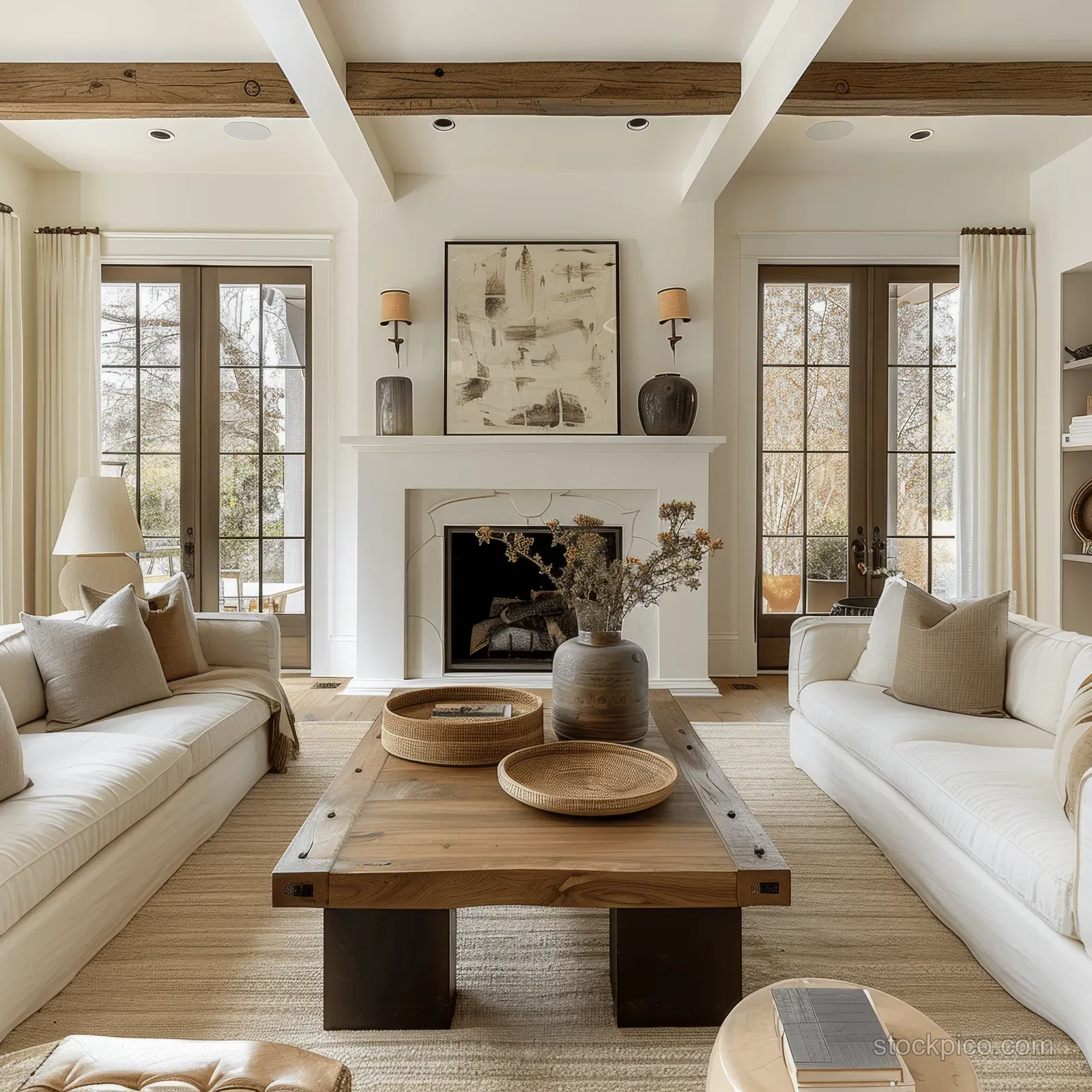 Two white sofas flank a wooden coffee table in a farmhouse living room with a lit fireplace and large windows.