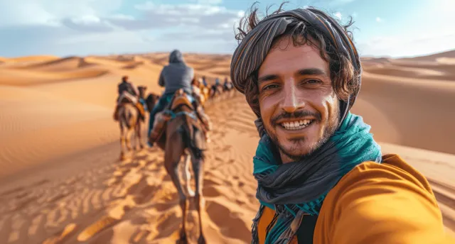 A man on a camel takes a selfie in a desert with other riders visible in the background.