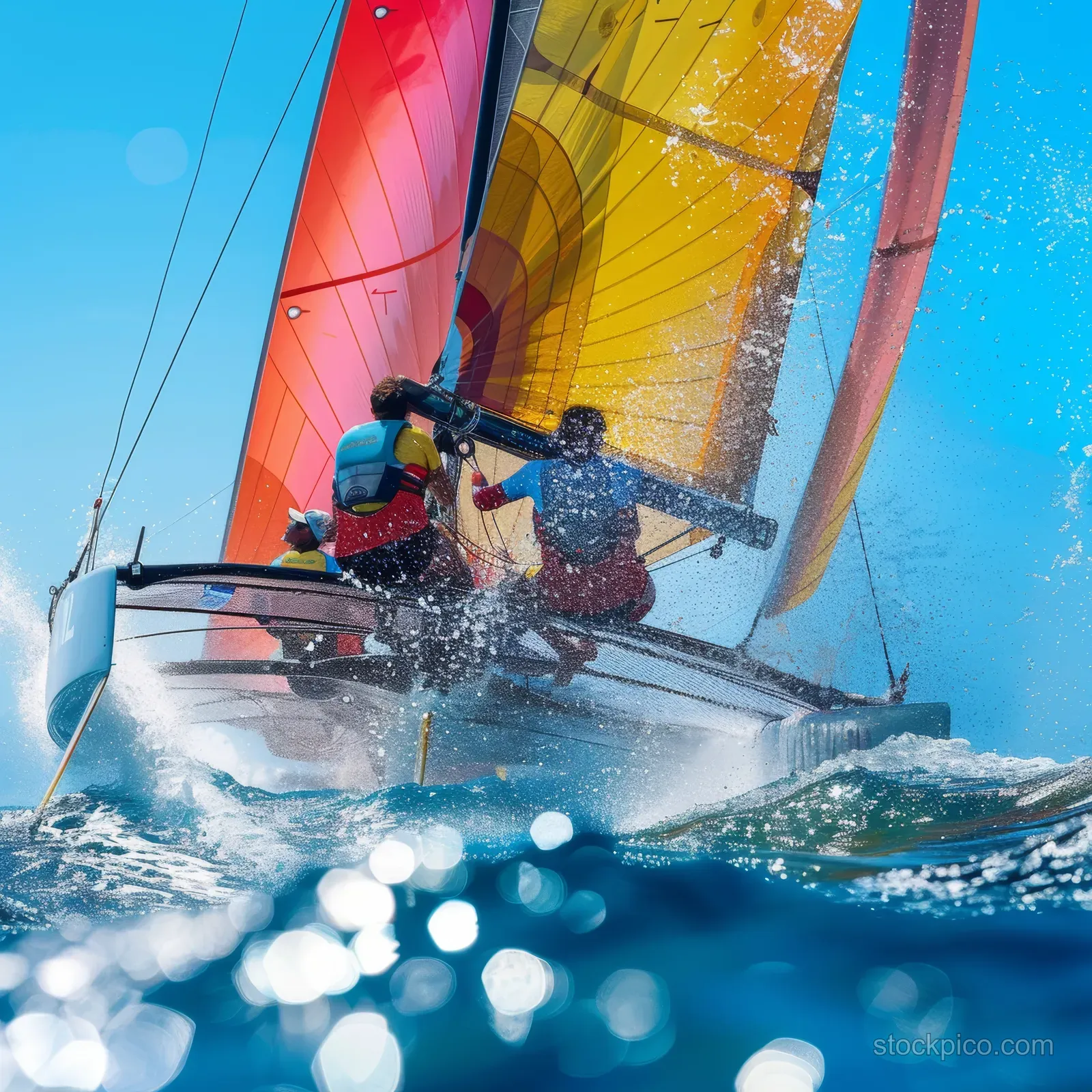 Sailors on a Nacra 17 catamaran lean forward while bright sails power through sea spray.