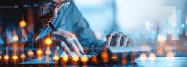 A businessman at a desk uses a calculator while a holographic stock market chart and financial graphs float in front.