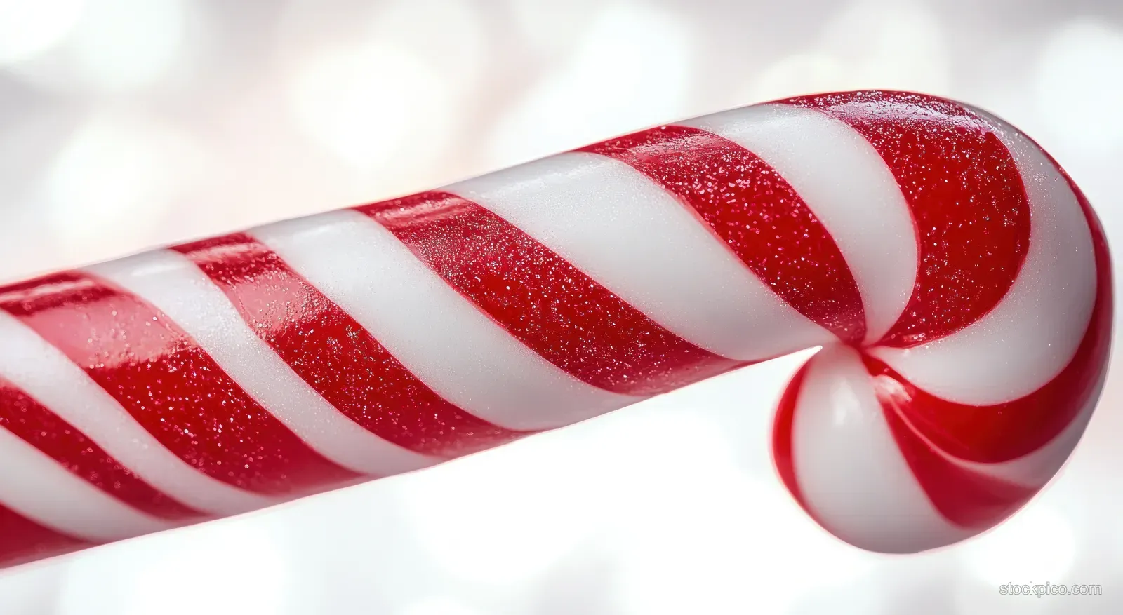 Close-up of a glossy red and white striped candy cane curled on a soft light background.