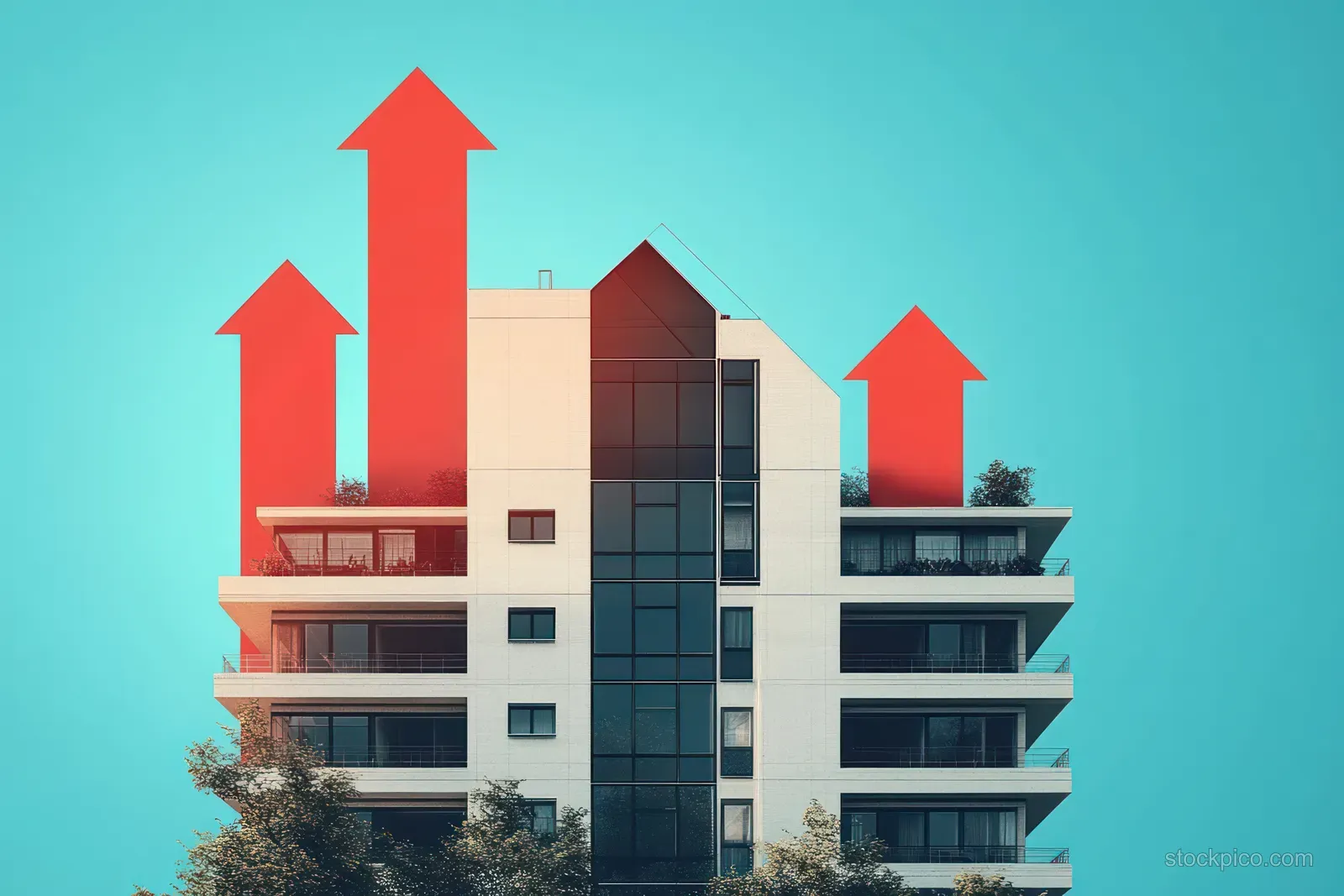 Modern apartment building with glass balconies and three red upward arrows over a clear blue sky.