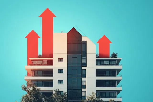 Modern apartment building with glass balconies and three red upward arrows over a clear blue sky.