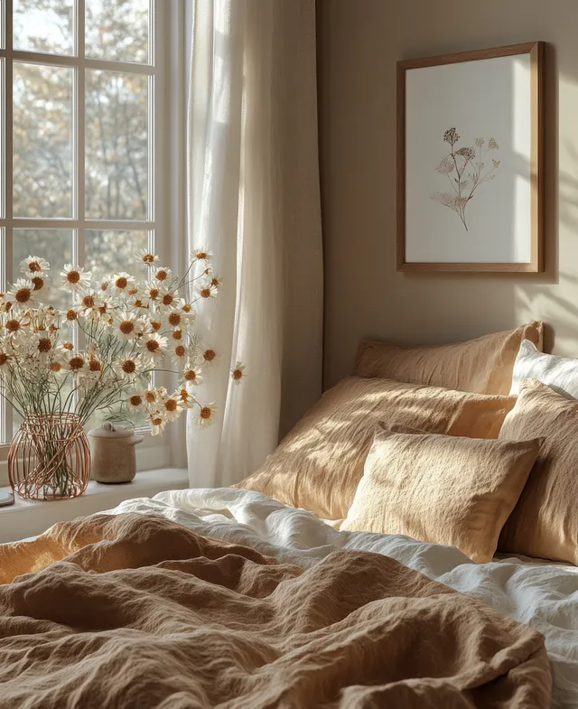 Minimalist bedroom scene with empty frame above bed and copper wire vase on side table