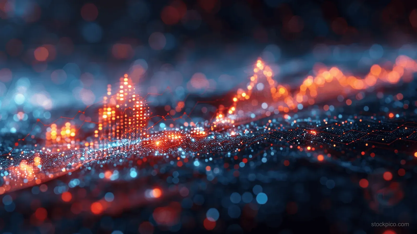 Upward arrow chart overlay glows over blurred city night lights, implying digital market growth.