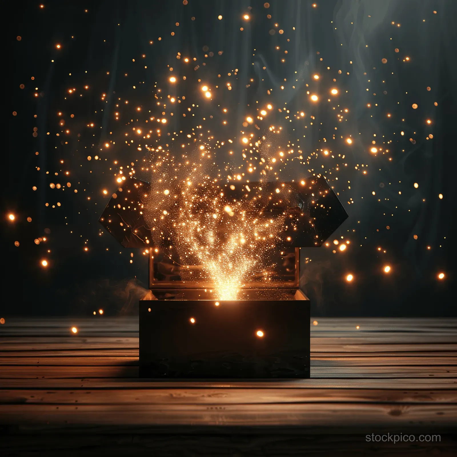 A glowing black box on a wooden floor throws golden sparks upward into the dark air.