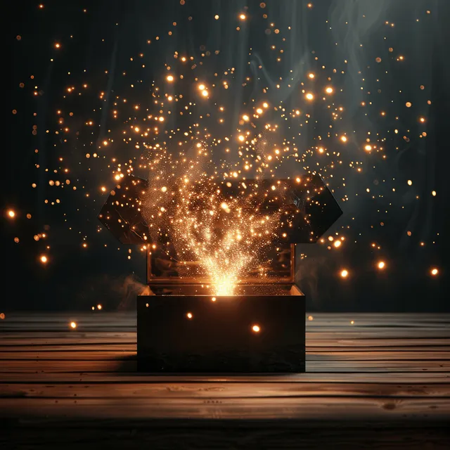 A glowing black box on a wooden floor throws golden sparks upward into the dark air.