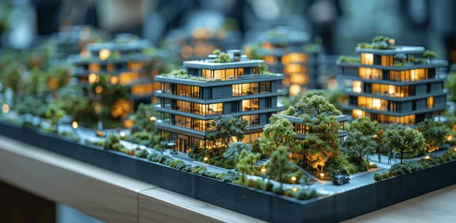 Architectural scale model of office towers with small trees and glowing building lights on a table.