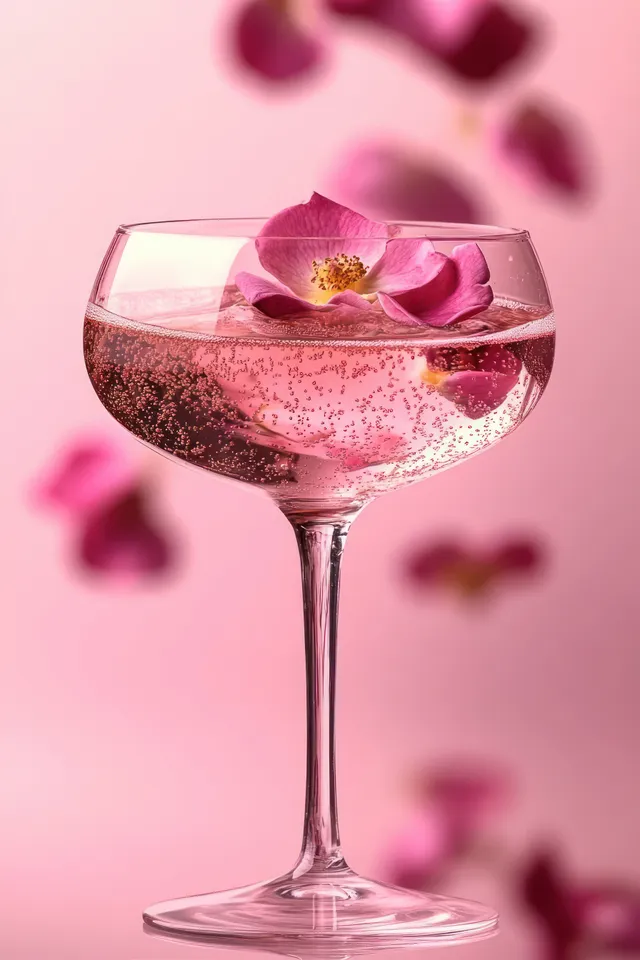 Champagne glass with sparkling pink drink and floating rose petals against a soft pink background.
