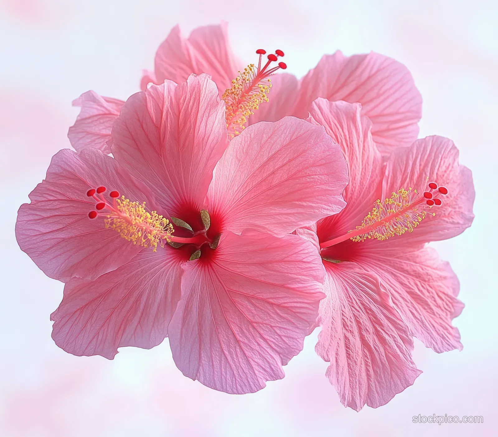 Three pink hibiscus flowers in macro close-up with red and yellow stamens against a soft pastel background.