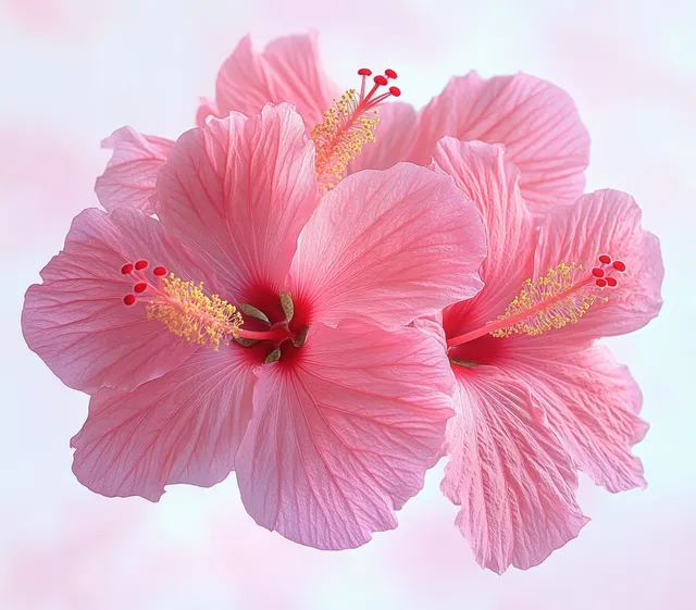 Three pink hibiscus flowers in macro close-up with red and yellow stamens against a soft pastel background.