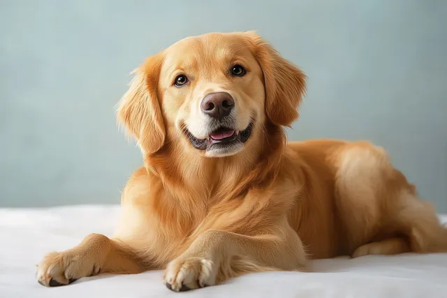 Golden retriever lying on a white surface with a calm face against a light blue background.