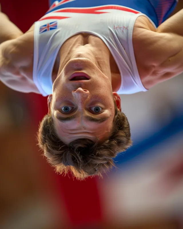 A British gymnast performs a mid-air acrobatic skill, showcasing focus and athletic strength during a floor exercise.