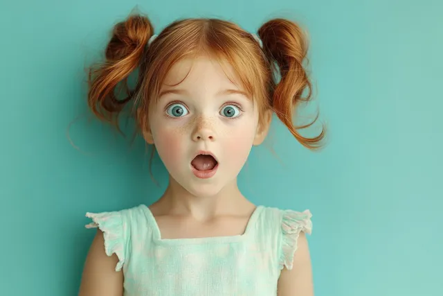 Surprised red-haired girl with freckles and blue eyes in a light blue dress poses against a bright turquoise background.