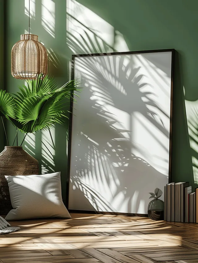 A black A4 poster frame in a sunlit room with palm leaf shadows, pillows, books, and vases in the background.