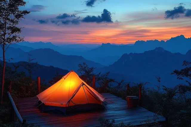 An illuminated orange camping tent rests on a wooden platform overlooking layered mountains during a colorful sunset.