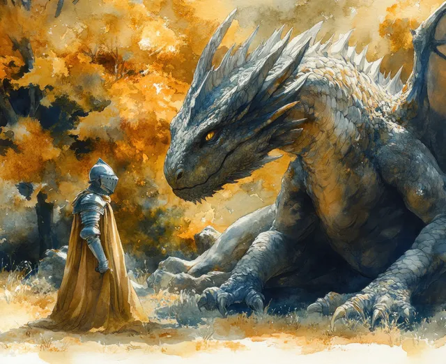 An armored knight faces a crouching dragon in a golden misty fantasy forest with swirling smoke.