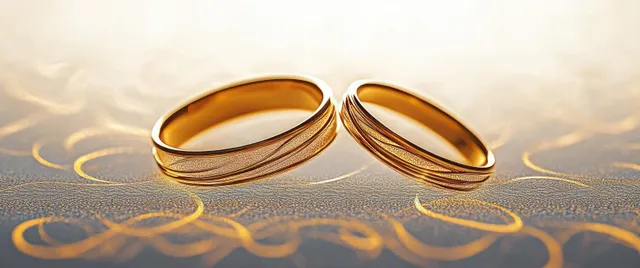 Two gold wedding bands lie on an ornate patterned surface under warm golden light with soft reflections.