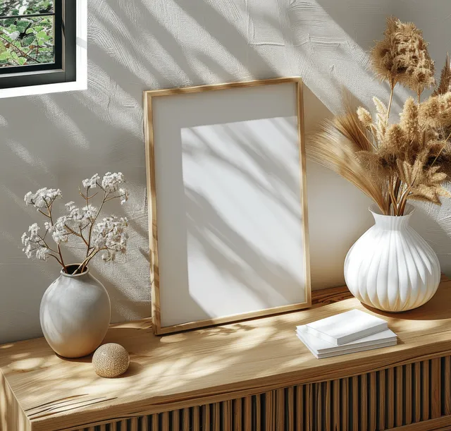 Blank picture frame mockup and white vase with dried flowers on a wooden sideboard in warm sunlight.
