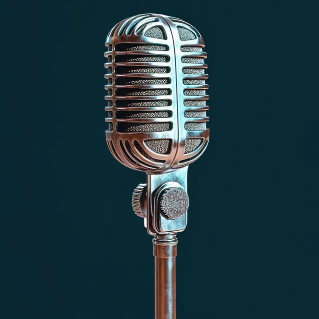 Vintage silver microphone close-up with visible metal grill and adjustment knob on a dark teal background.