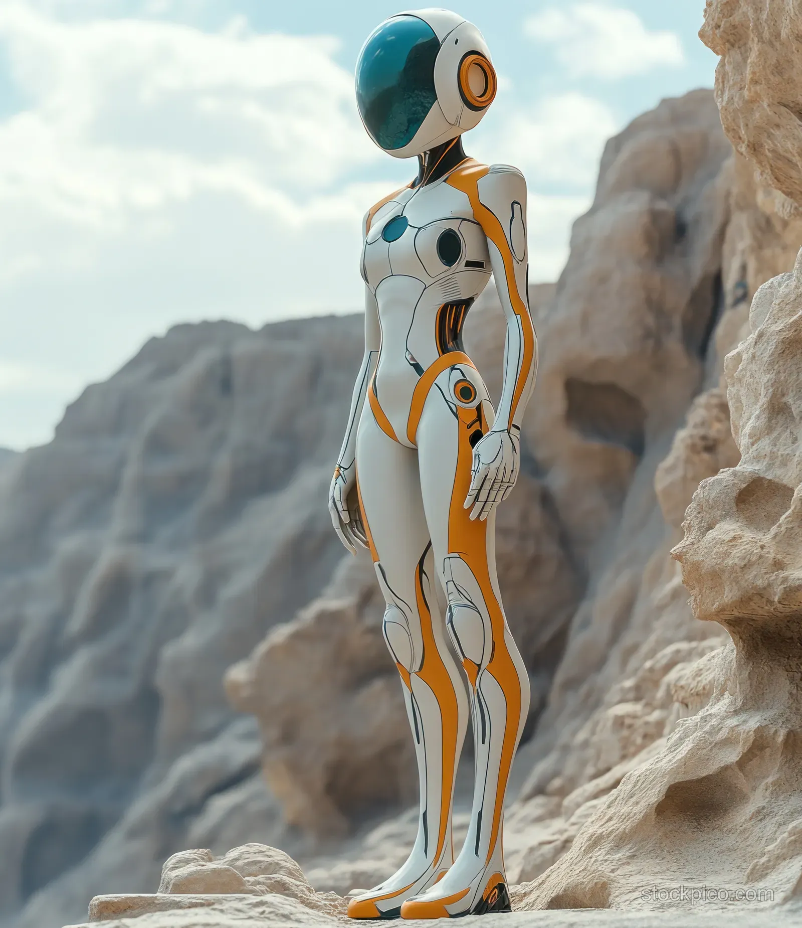 A 3D robot astronaut stands on a rocky cliff facing distant mountains with blue accents.