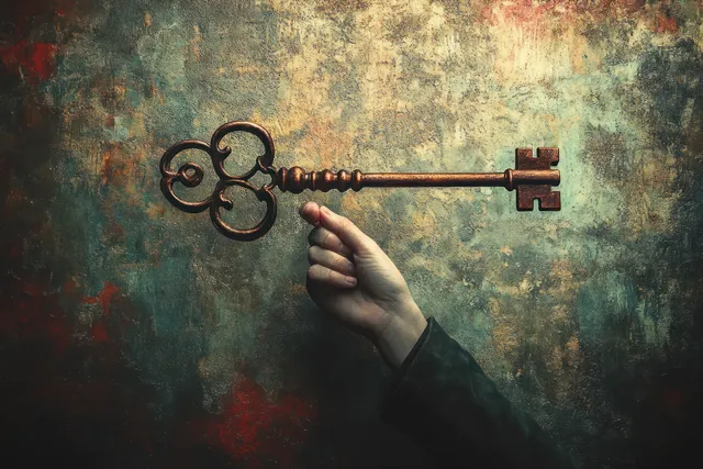 Hand holding a vintage ornate key unlocking a dim doorway with dreamy bronze light
