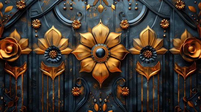 Symmetrical gold art deco floral ornament panel on a deep blue metallic ribbed background.