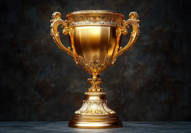 Ornate golden trophy cup with floral relief displayed on a dark textured background.