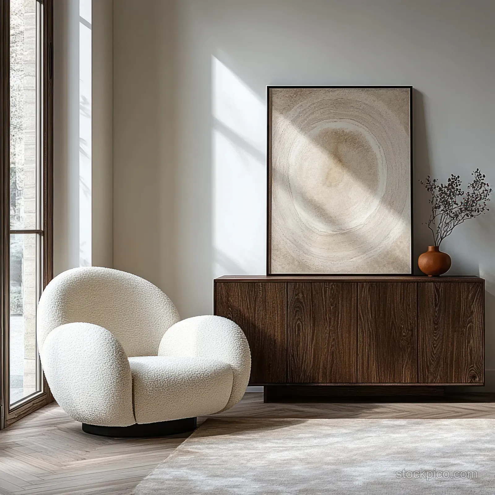 White armchair placed beside a dark wooden sideboard under bright window light with framed wall art and plant.