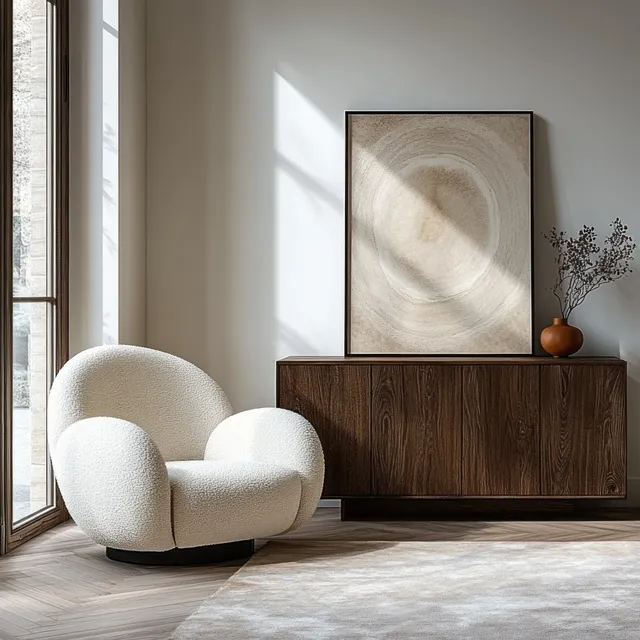 White armchair placed beside a dark wooden sideboard under bright window light with framed wall art and plant.