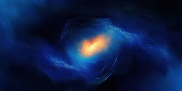 Blue and orange light swirls into a glowing vortex on a dark background.