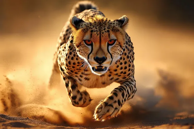 A cheetah sprints toward the camera across dusty ground, eyes locked forward with dust swirling around it.
