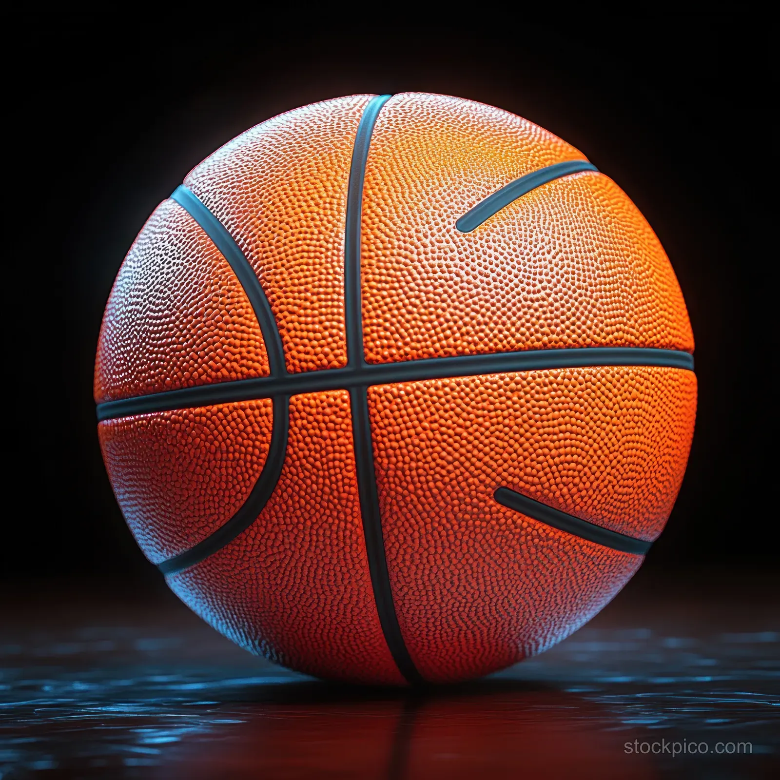 Orange basketball with textured leather and black seams sits on a reflective dark floor under dramatic spotlight and shadows.