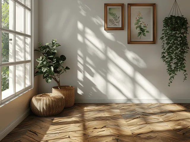 Large wooden picture frames hang on a white wall above a parquet floor with sunlight and window shadows.