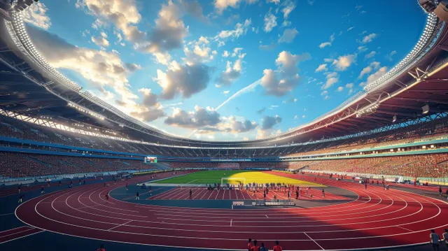 Packed Olympic stadium with a red running track and cheering fans beneath dramatic clouds.