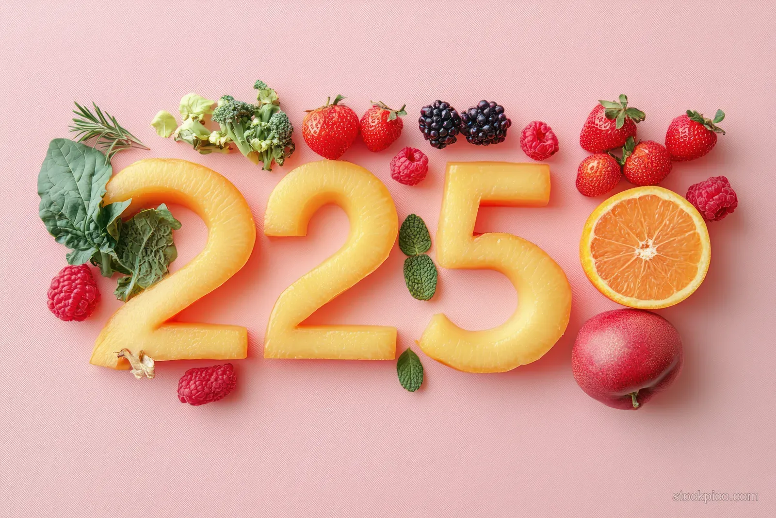 The number 2025 formed from fresh fruits and vegetables lies on a pastel pink background.