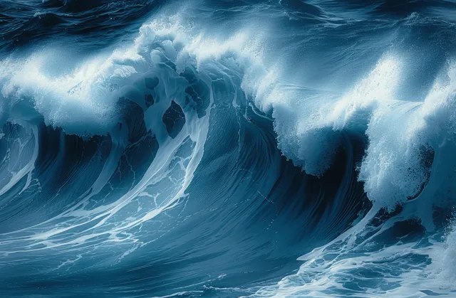 A massive blue ocean wave curls and crashes with white spray and foam against a dark indigo horizon.