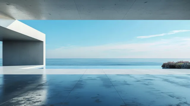 Empty concrete terrace in a minimalist architectural render with open sea view and soft daylight shadows.
