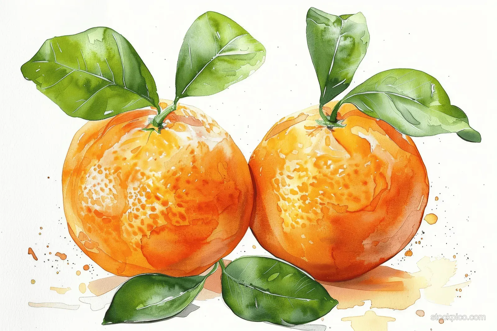 Two watercolor oranges with green leaves on a white background with visible paint texture and light shadow.